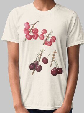 Wild Cherry Vintage Botanical Print Short Sleeve Graphic Tee T-shirt S-XXL